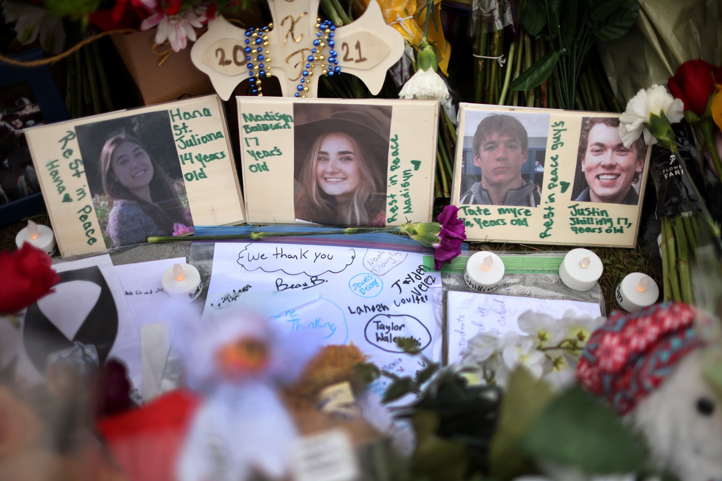 A memorial outside of Oxford High School on December 03 2021 in Oxford, Michigan.